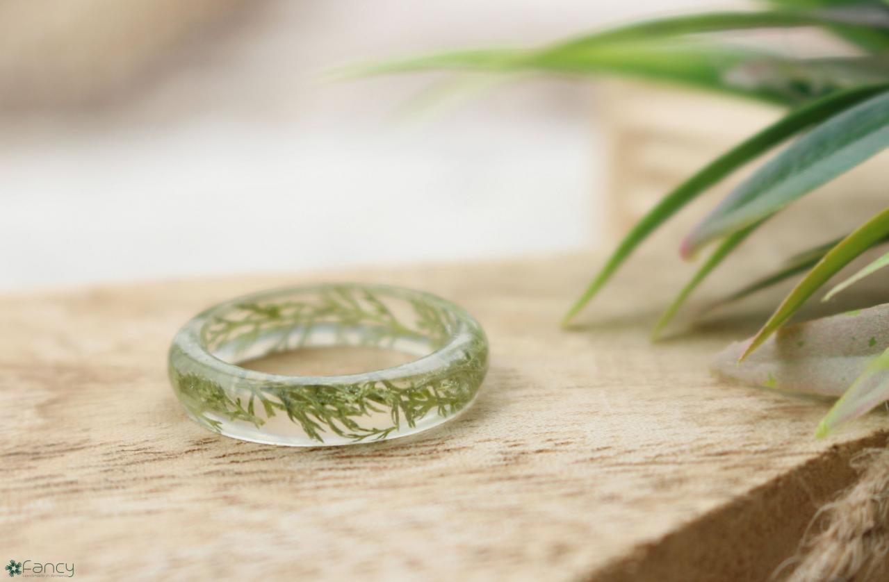 Green Leaf Ring, Real Leaf Jewelry, Unique Resin Ring, Fern Resin Ring, Living Plant Ring Resin, Resin Rings, Green Plant Ring For Her