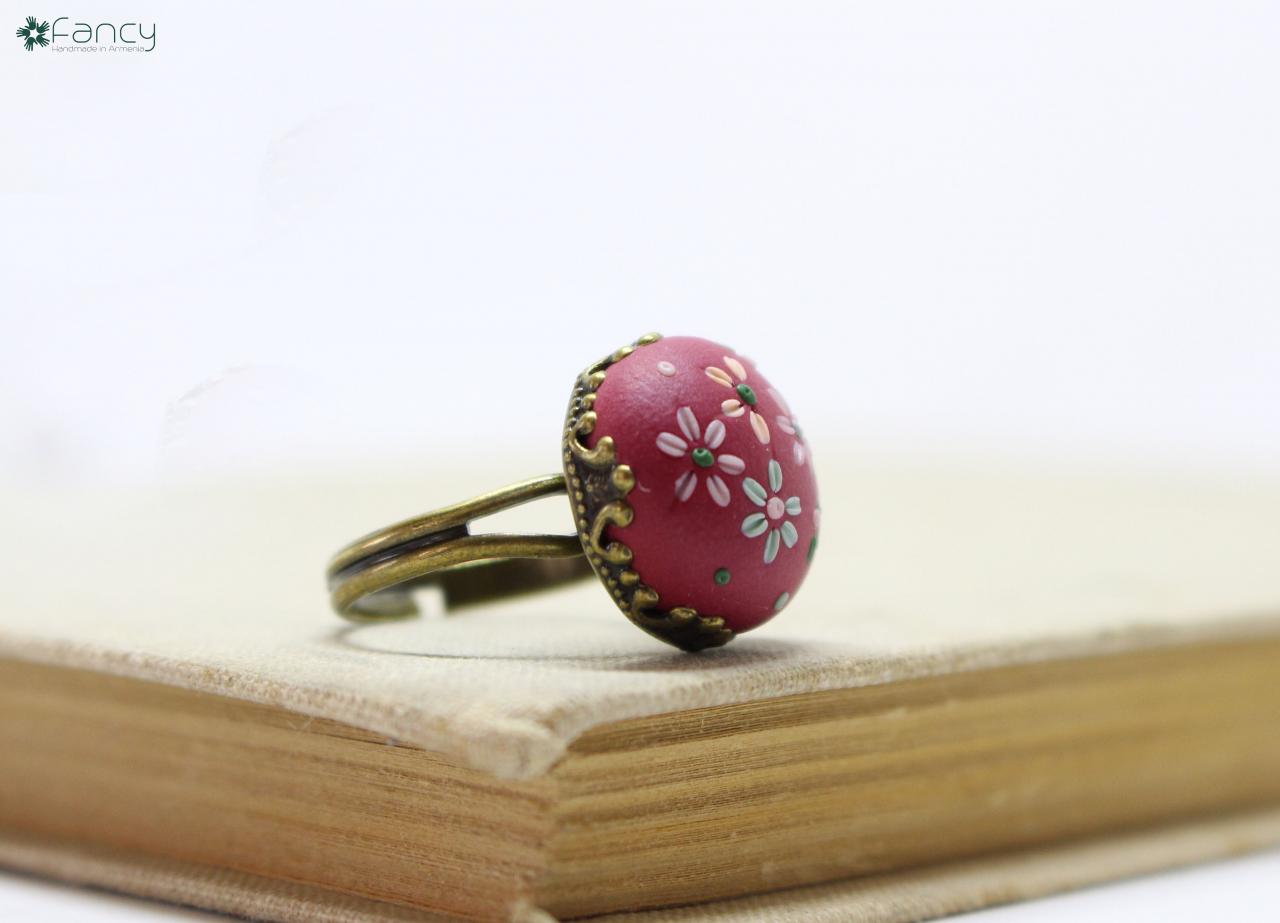 Polymer clay ring, boho style ring, embroidery red ring, embroidered ring red, unique rings, ring from polymer clay, Armenian jewelry