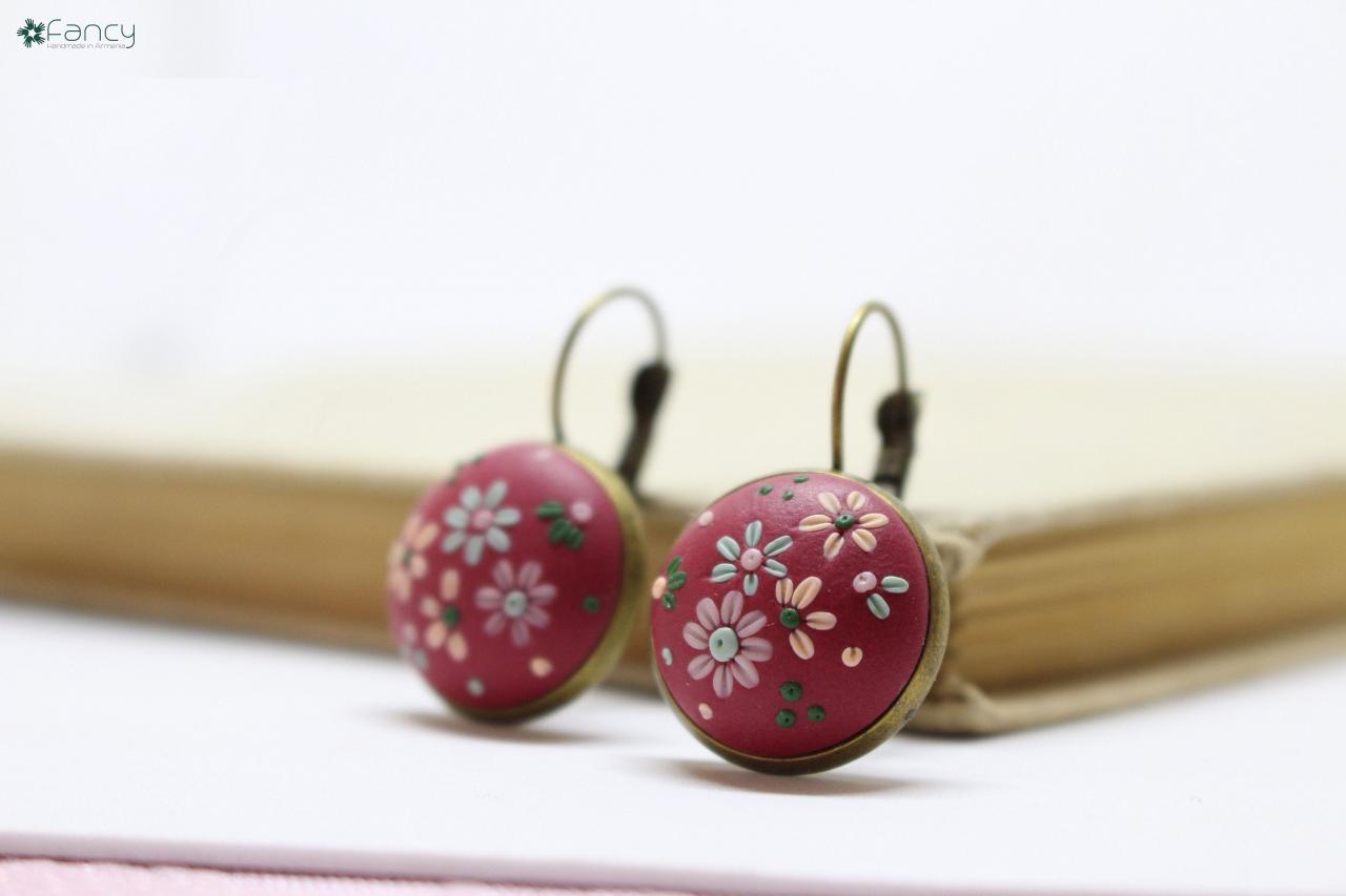 Polymer Clay Earrings Flowers , Embroidered Earrings, Unique Earrings From Polymer Clay, Red Dangle Earrings, Lovely Earrings