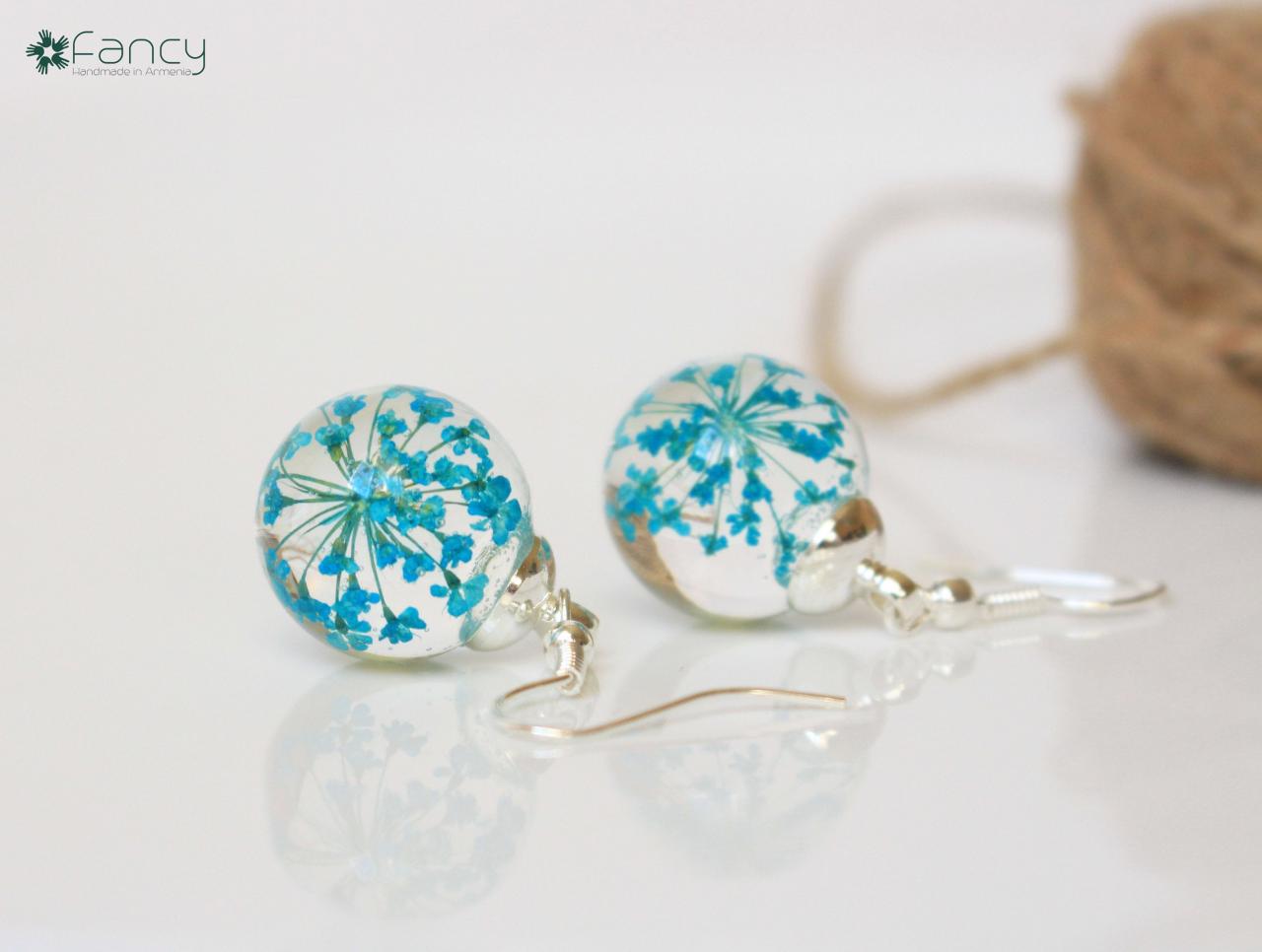 Turquoise Earrings For Bridesmaid, Real Flower Earrings, Pressed Flower Earrings, Turquoise Resin Jewelry , Turquoise Wedding Earrings,