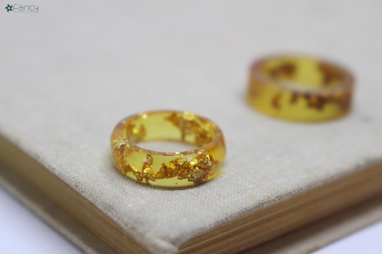 Amber Resin Ring, Resin Ring Gold Flakes, Rings For Girlfriend, Yellow Resin Rings, Unique Rings For Women, Gold Flake Ring, Armenian Gift