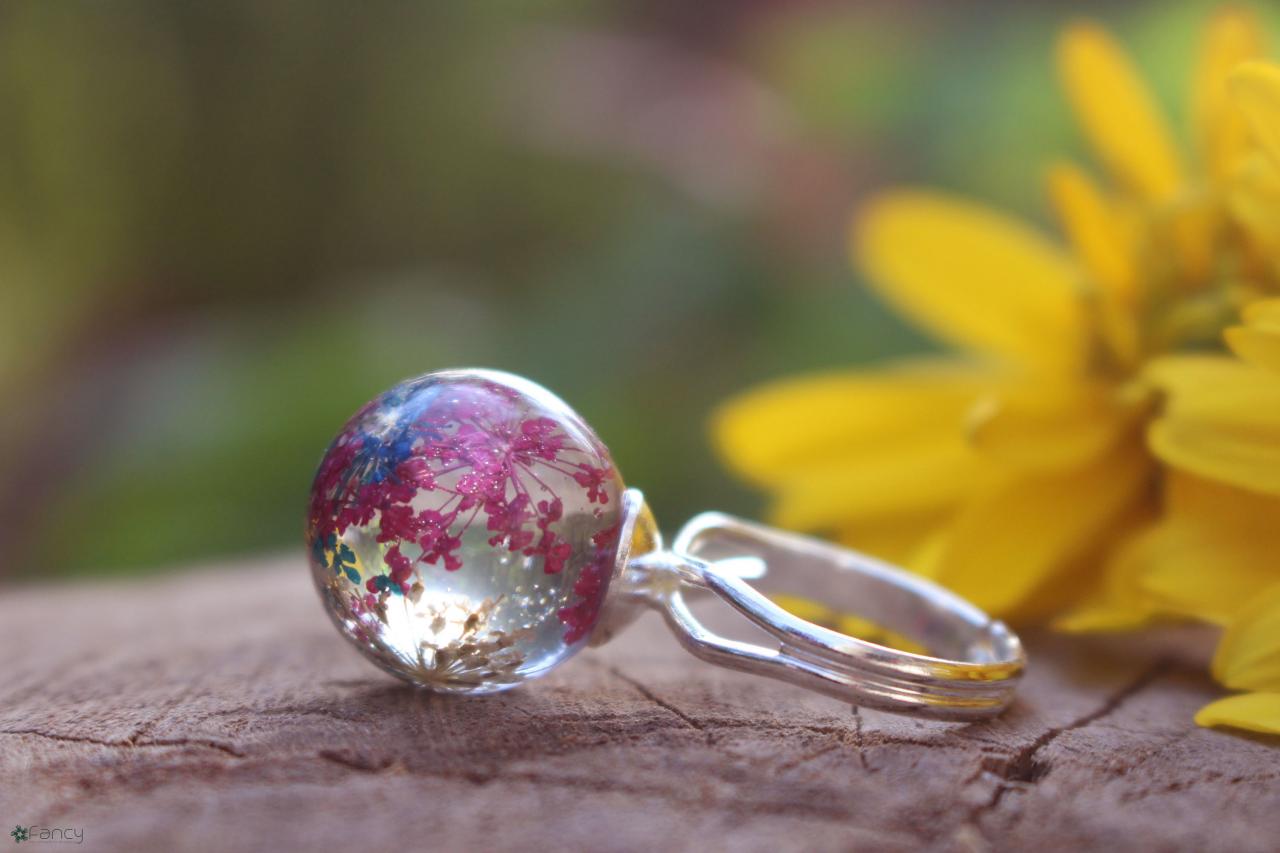 Rainbow Resin Ring, Flower Sphere Ring,colorful Rings, Real Flower Ring Resin, Resin Rings, Resin Sphere Ring, Summer Jewelry, Unique Rings