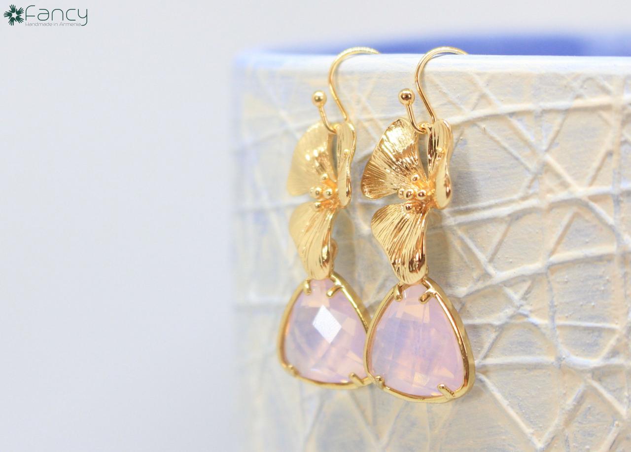 Pink Wedding Earrings, Pink Bridal Earrings, Rose Gold Wedding Jewelry For Brides, Champagne Bridal Earrings, Rose Gold Long Earrings Gifts