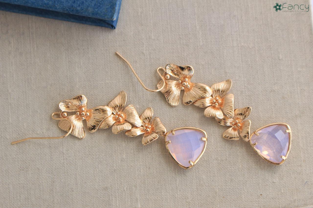 Bridal Gold Earrings, Flower Wedding Earrings, Flower Gold Earrings For Bride, Earrings Bridesmaid Dangle, Rose Gold Earrings Bridal Gifts