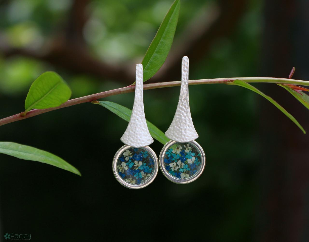 Pressed Flower Earrings, Real Flower Earrings Resin, Blue Wedding Earrings For Brides, Bridal Earrings Blue, Unique Earrings Dangle Gifts