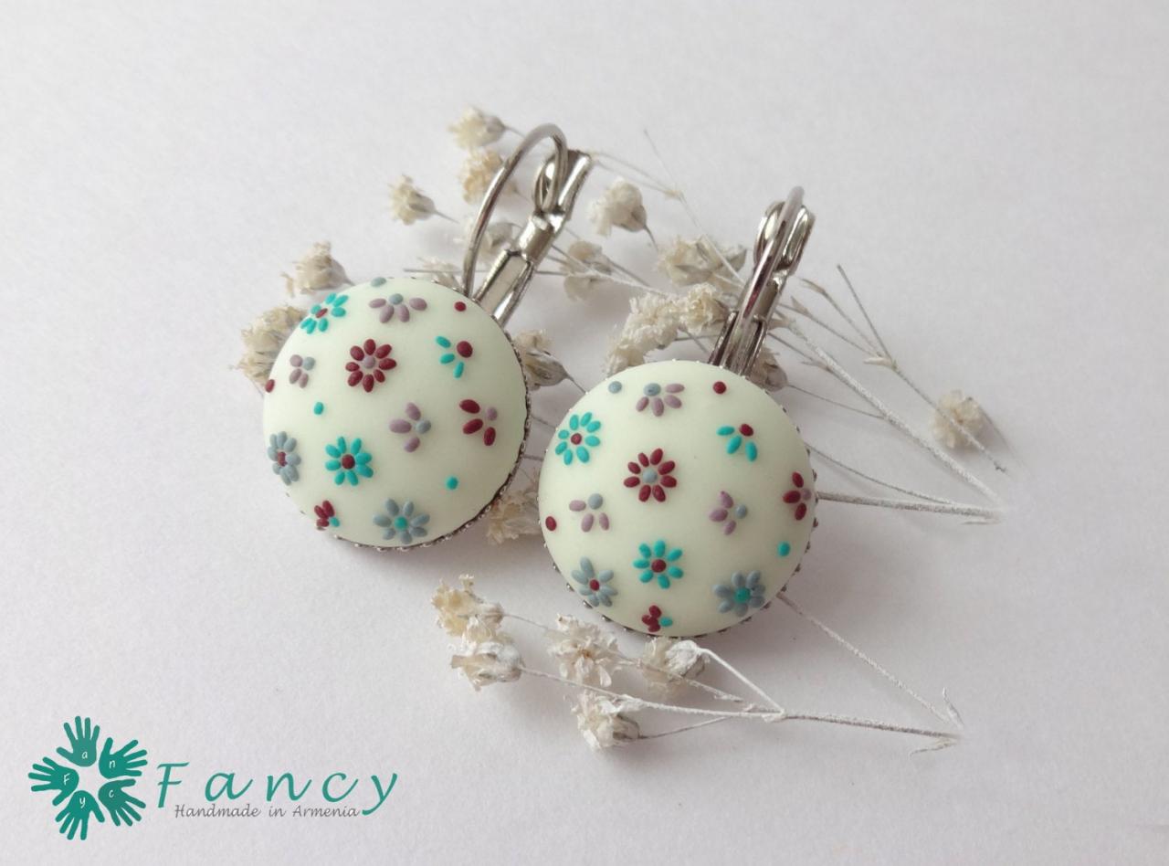 French Earrings Embroidered Flowers Clay , Turquoise Jewelry For Women, Delicate Earrings White , Spring Embroidery Design Gift Ideas