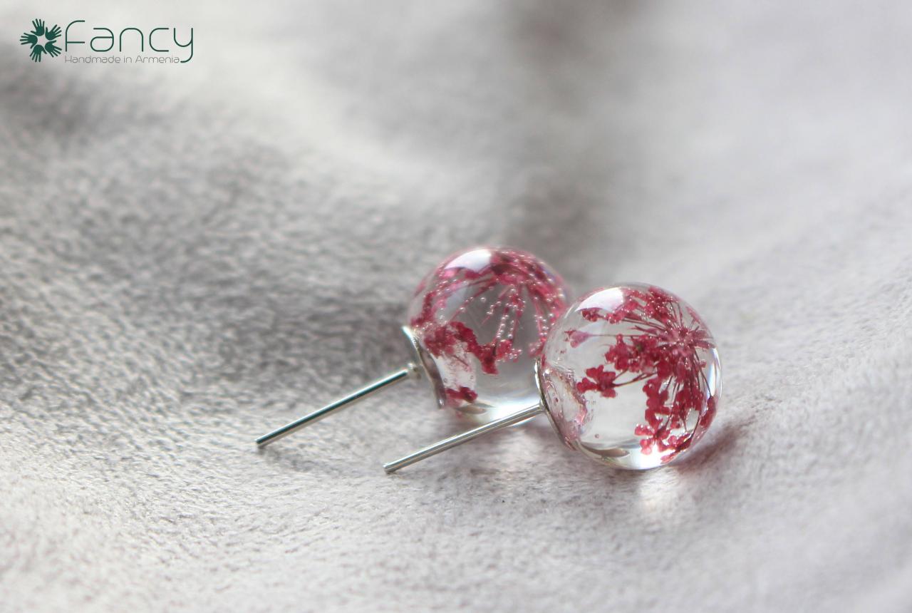Pink Flower Earrings , Pink Stud Earrings For Girls , Romantic Gifts For Her , Annes Lace , Bridesmaid Earrings Silver