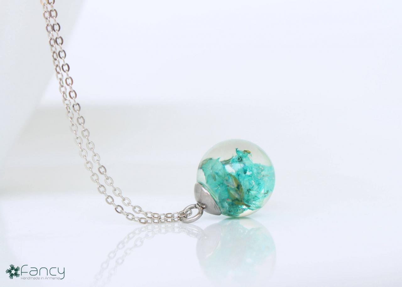 Turquoise Flower Necklace , Turquoise Necklace Women , Living Plant Jewelry , Dry Flower Necklace, Crystal Resin Flower , Sphere Glass