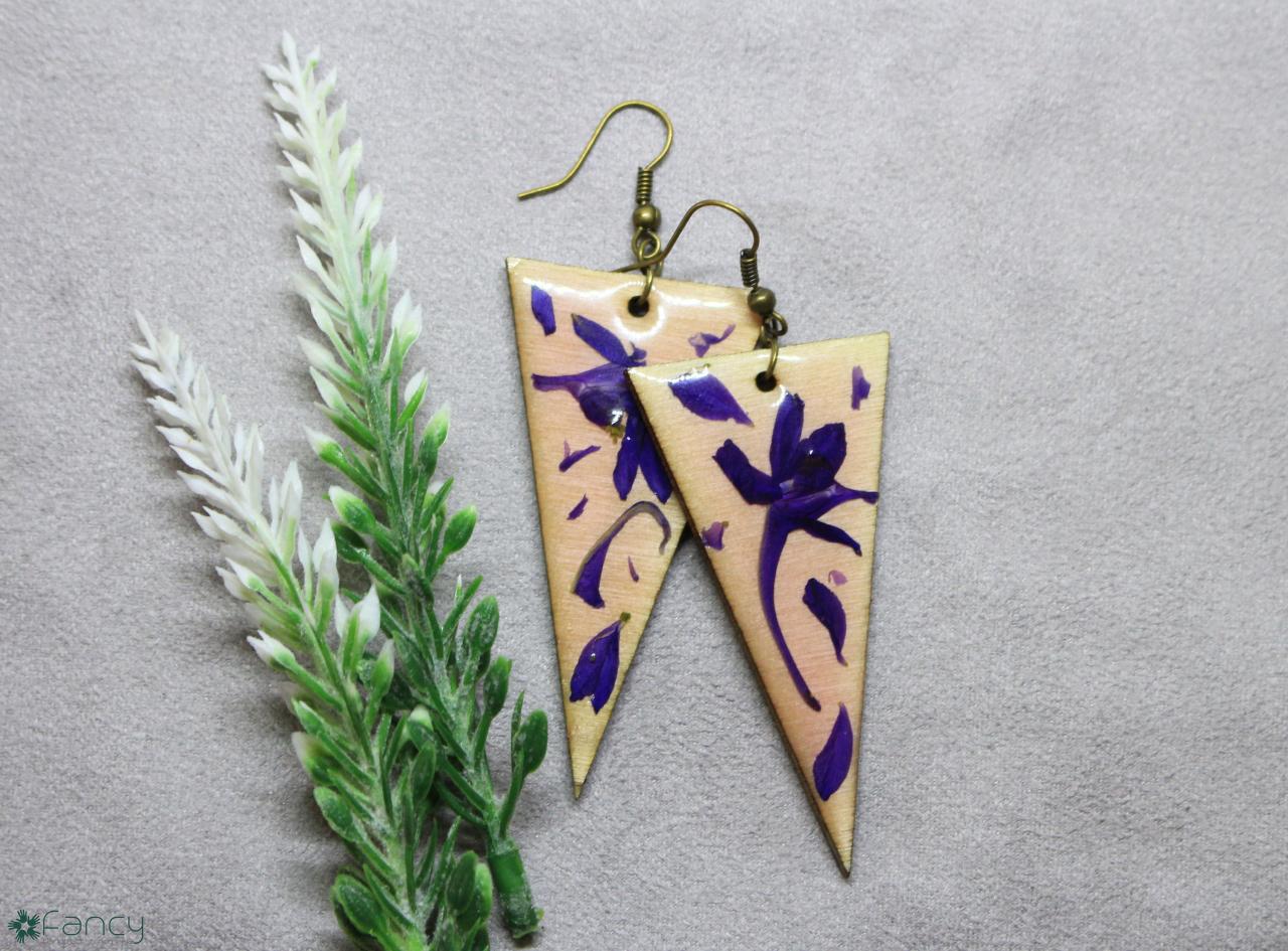 Violet Flower Earrings, Wooden Resin Jewelry, Wood Earrings Dangling, Wood Flower Earrings, Wooden Floral Earring, Unique Wood Gifts