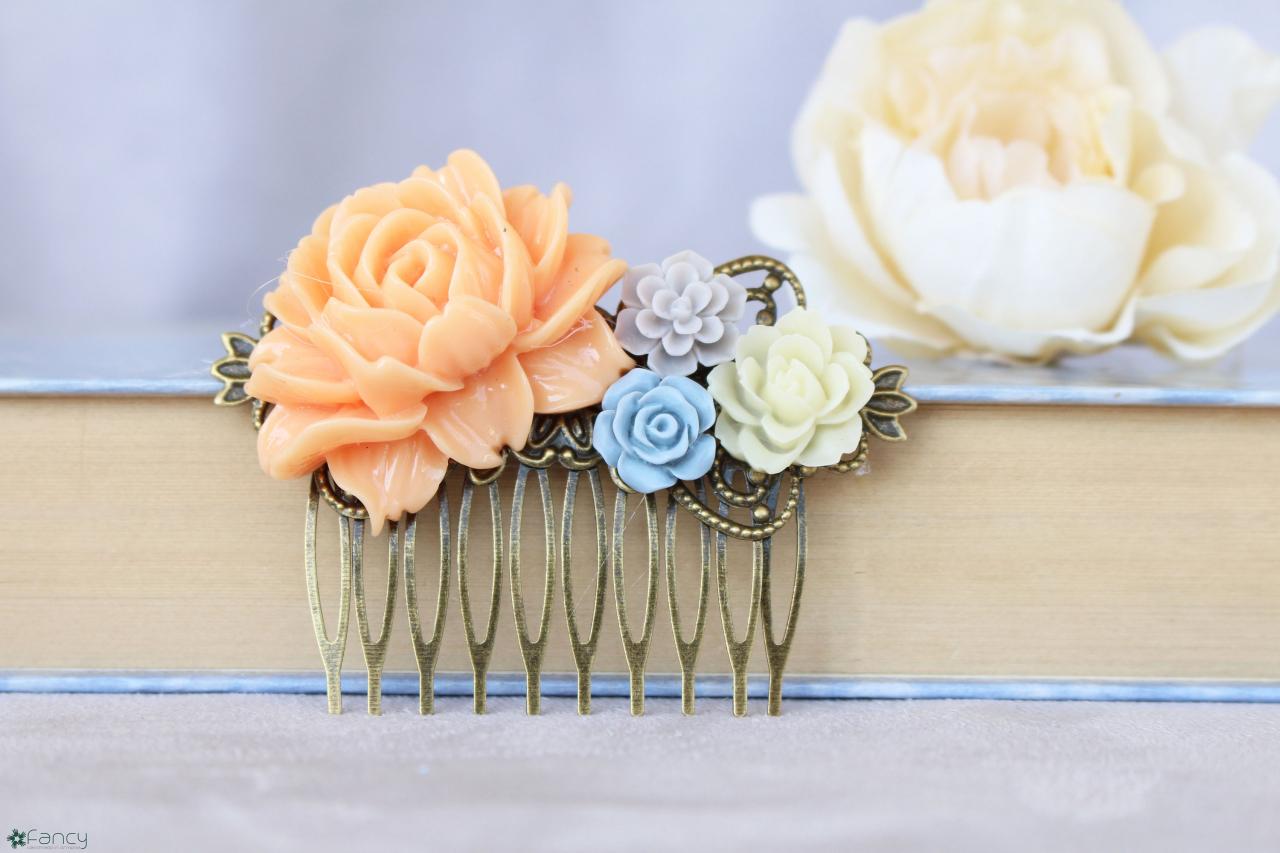 Rustic Wedding Hair Comb, Vintage Style Hair Combs, Large Bridal Hair Piece, Flower Wedding Hair Piece, Ivory Peach Flower Hairpiece Gift