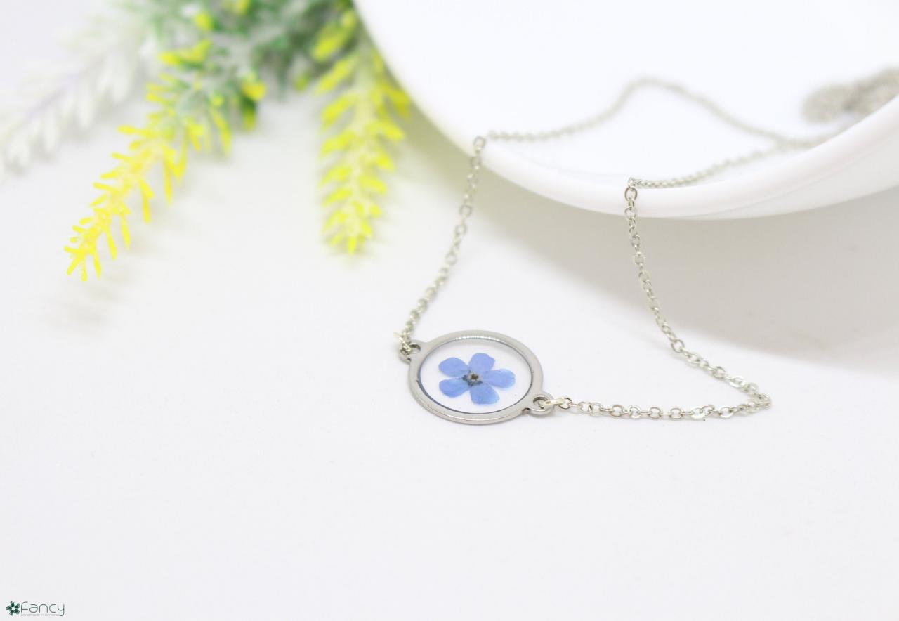 Gifts For Her, Real Forget Me Not Necklace, Geometrical Pendant, Blue Flower Necklace, Circle Necklace Resin, Flower In Resin Necklace Gifts