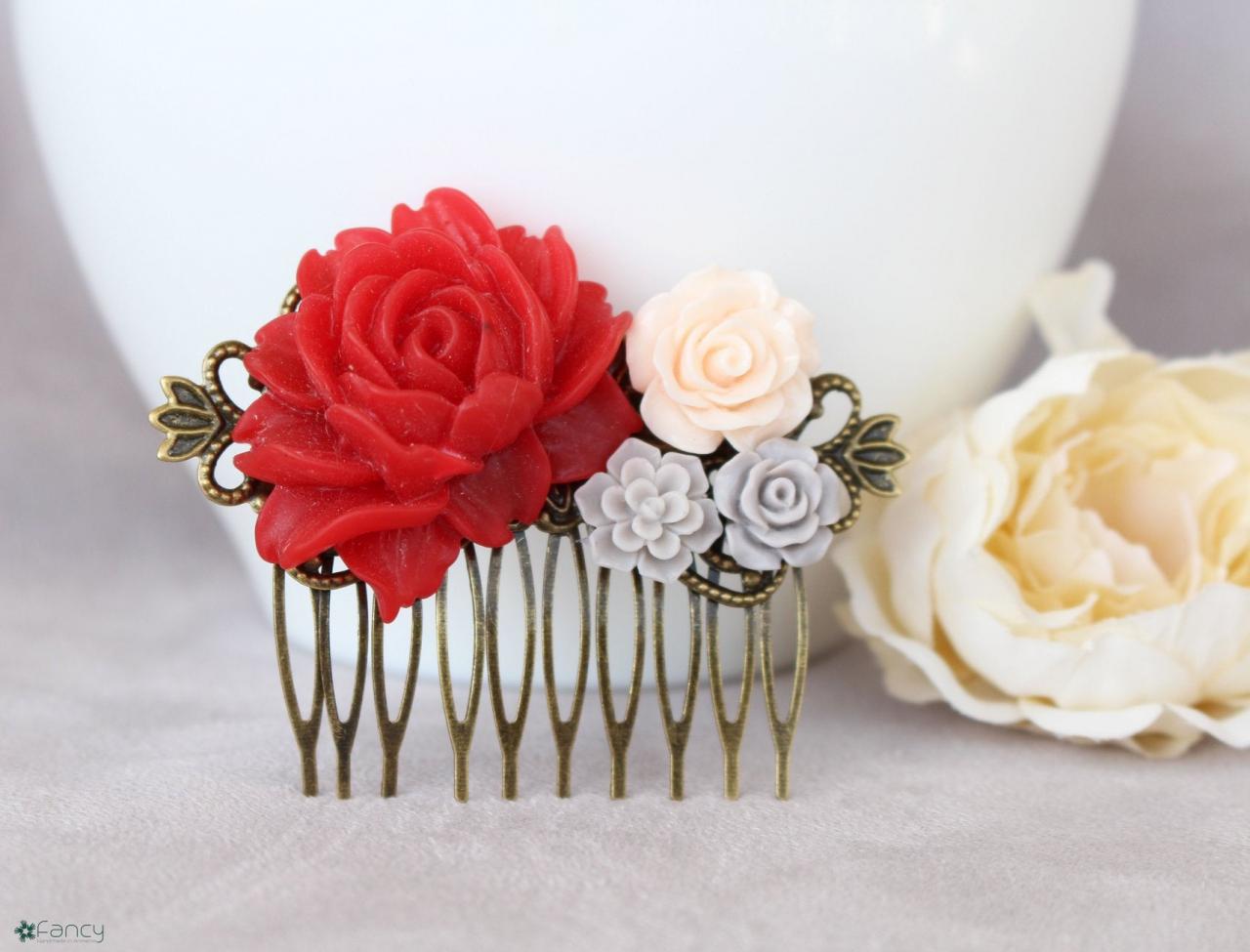 Red Hair Comb, Red Wedding Hair Accessories, Red Bridesmaid Hair Accessory, Flower Hair Comb Wedding Ivory, Bridal Flower Comb, Red Flower