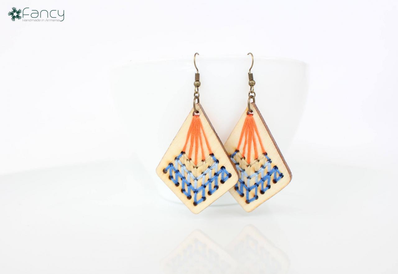 Cross Stitch Earrings, Unique Christmas Gifts For Her , Wooden Jewelry Earrings, Embroidery Jewelry , Women Christmas Gift , Armenian Gifts