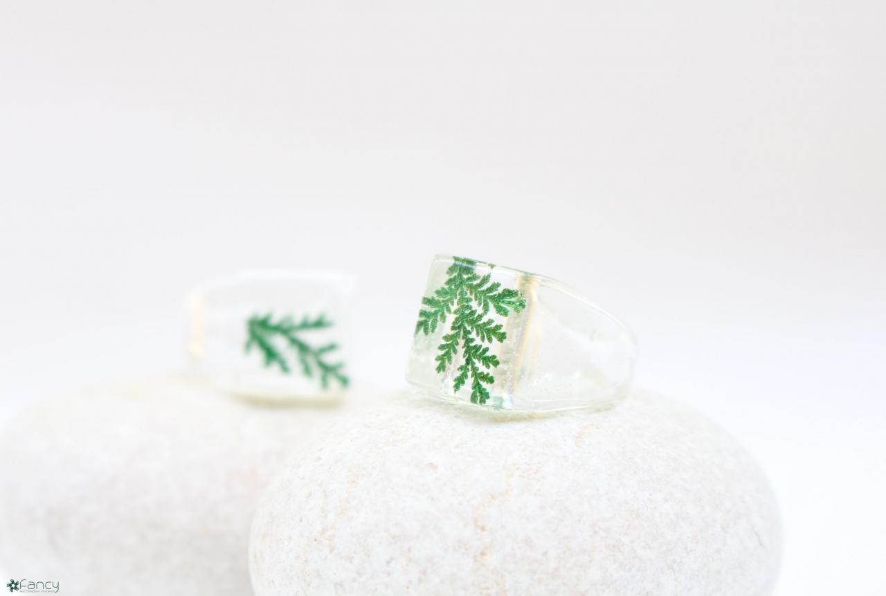 Anniversary Gift Rings From Pressed Flowers, Women Rings Size 7, Resin Ring Size 8, Real Fern Jewelry Rings For Her, Unique Rings