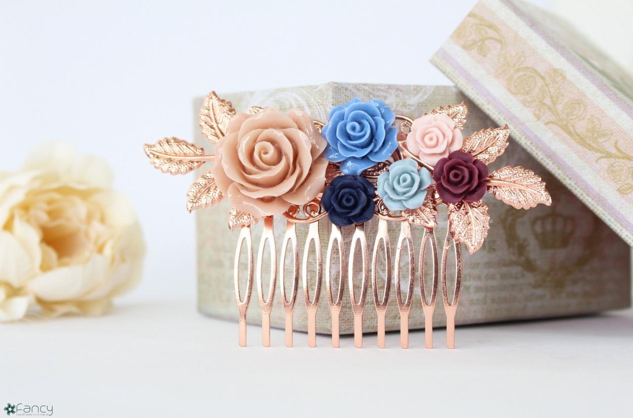 Wedding hair comb floral, rose gold wedding hair accessories, flower bridal comb, flower bridal comb, bridesmaid hair comb