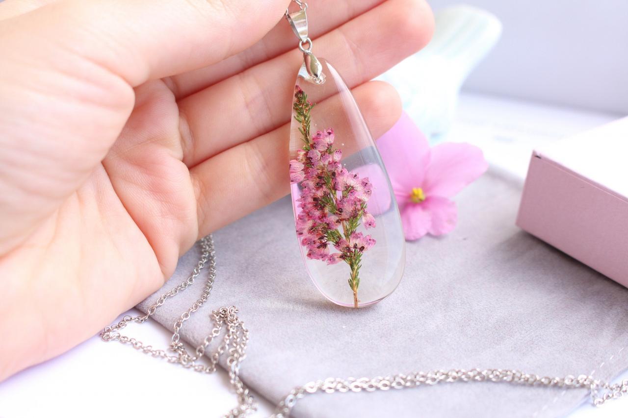 Heather Necklace - Real Flower Pendant, Necklace For Mother In Law, Real Flower Jewelry Purple, Dried Flower In Resin Necklace