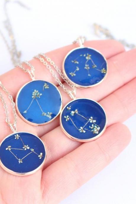 Zodiac Sign Necklace From Pressed Flowers, Zodiac Sign Gifts Real Flower, Galaxy Necklace, Outer Space Necklace
