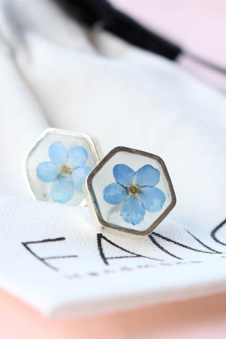 Forget Me Not Earrings Stud, Pressed Flower Earrings, Real Flower Studs, Minimalist Unique Earrings, Wedding Earrings Gift For Bridesmaid