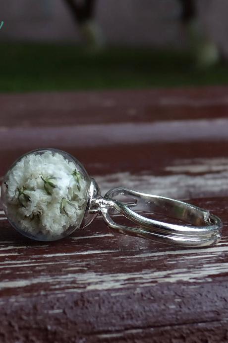 Girlfriend gift , botanical jewelry , real babys breath ring , terrarium ring, unique gift ideas, girlfriend gift white flowers