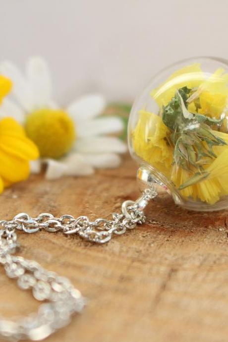 Botanical necklace , yellow necklaces for women, real flower necklace, dried flowers necklace, glass jewlery