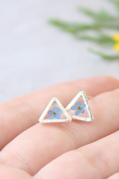 Tiny stud earrings , minimalist triangle earrings , forget me not studs, forget me not stud earrings, minimalist earrings blue gifts for her
