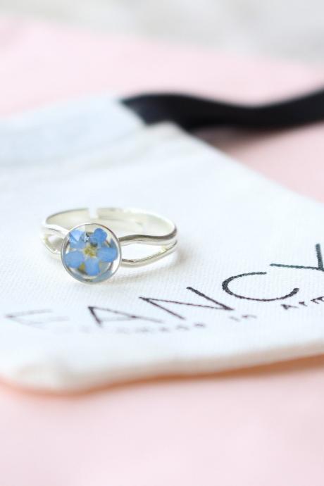 Forget Me Not Ring Mini, Memorial Gift Jewelry, Adjustable Ring, Something Blue For Her, Real Flower Rings Minimalist