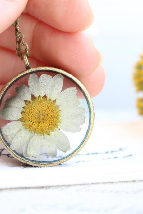 Daisy Necklace, Pressed Flower Necklace, Dried Daisy Flower Jewelry, Necklace For Mother In Law, Real Flower Jewelry