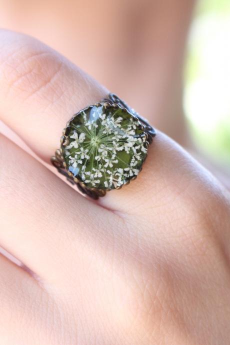 Green Pressed Flower Rings, Real Flower Resin Rings, Unique Rings For Her, Green Rings Floral, Antique Style Ring