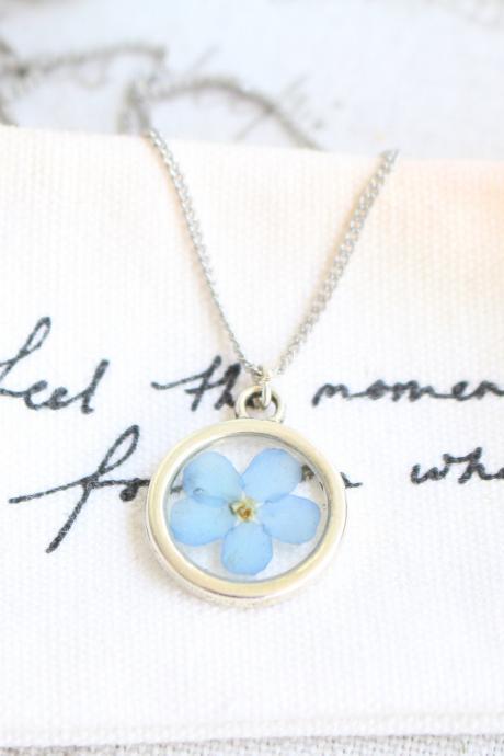 Forget me not memorial flower necklace, miniature necklace pressed flowers, girlfriend gift necklace, something blue for bride daughter