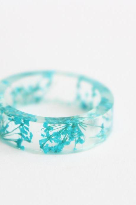 Pressed Flower Ring, Real Flower Resin Ring With Turquoise Flowers, Resin Ring For Women, Turquoise Dried Flowers For Her