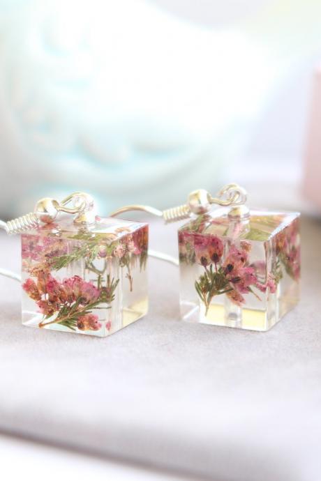 Real flower earrings cube , made from flowers earrings, pressed flower jewelry heather, real flower resin earrings