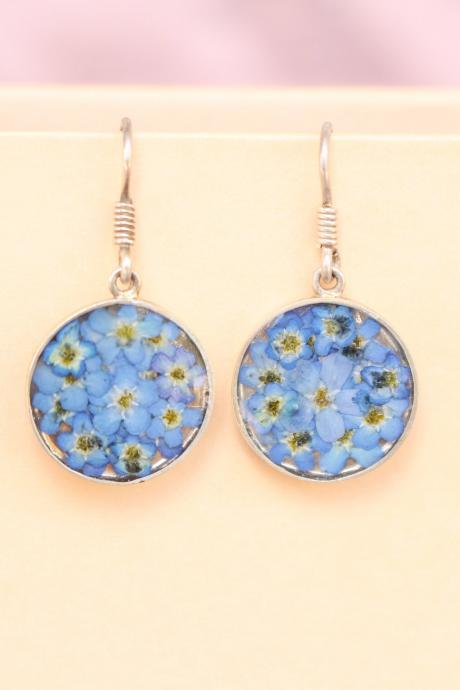 Forget me not earrings, 925 sterling silver, real flower earrings blue, blue wedding earrings unique, pressed flower earrings