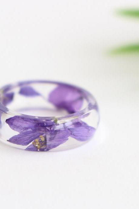 Violet Flower Ring, Resin Flower Ring, Unique Rings For Her, Purple Flower Ring For Wife, Nature Resin Ring With Purple Flowers