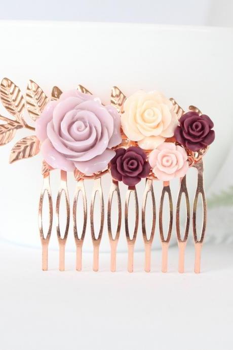 Wedding hair comb floral, Bridal rose gold hair piece, hair combs for wedding vintage, flower comb purple. bride hair accessories flower