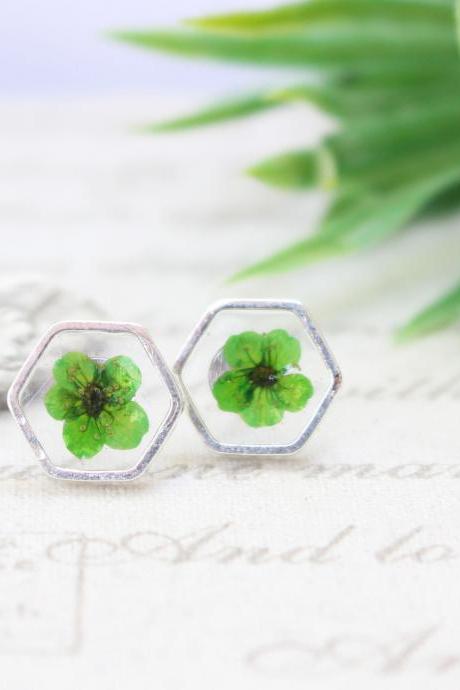 Green tiny stud earrings, green flower studs, resin stud earrings, minimalist chic modern studs, summer earrings from real flowers