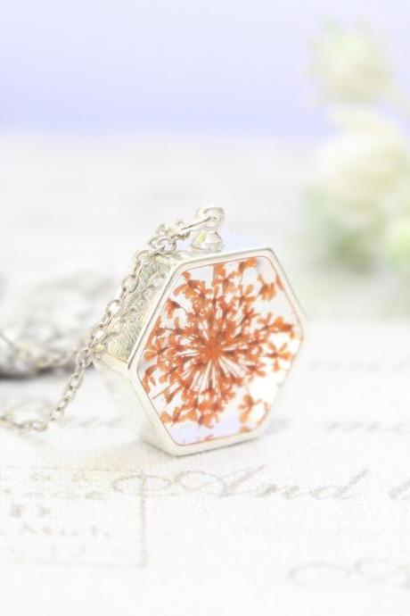 Orange flower necklace, queen annes lace necklace, floating flower necklace, pressed flower necklace orange, hexagon geometric pendant