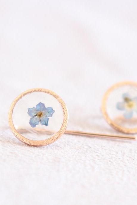 Forget me not earrings, rose gold geometrical earrings, pressed blue flower, pressed earrings, gold resin earring, natural flower earrings