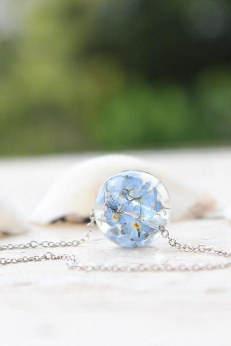 Pressed Flower Necklace, Blue Resin Jewelry, Dried Forget Me Not Jewellery, Unique Jewelry Gift, Gifts For Her Necklace, Forget Me Not Gift