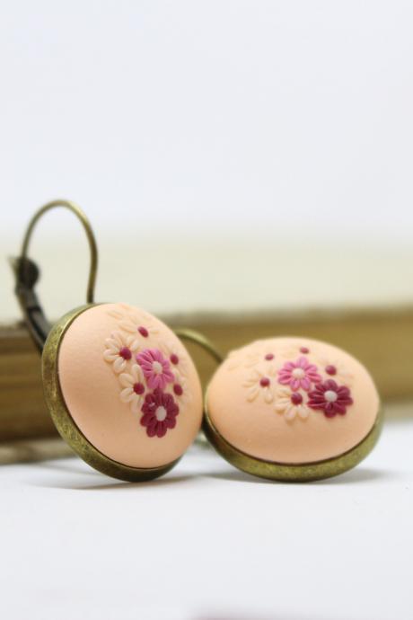 Polymer clay beige earrings, one of a kind earrings, earrings for bridesmaids, embroidered earrings beige, ivory cream earrings floral