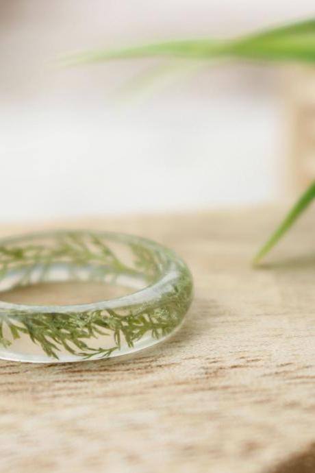 Green Leaf Ring, Real Leaf Jewelry, Unique Resin Ring, Fern Resin Ring, Living Plant Ring Resin, Resin Rings, Green Plant Ring For Her