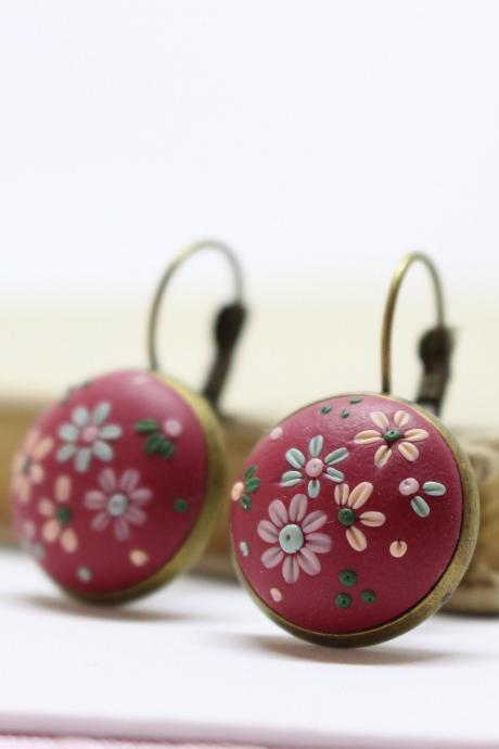 Polymer clay earrings flowers , embroidered earrings, unique earrings from polymer clay, red dangle earrings, lovely earrings 