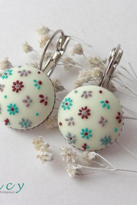 French earrings embroidered flowers clay , turquoise jewelry for women, delicate earrings white , spring embroidery design gift ideas