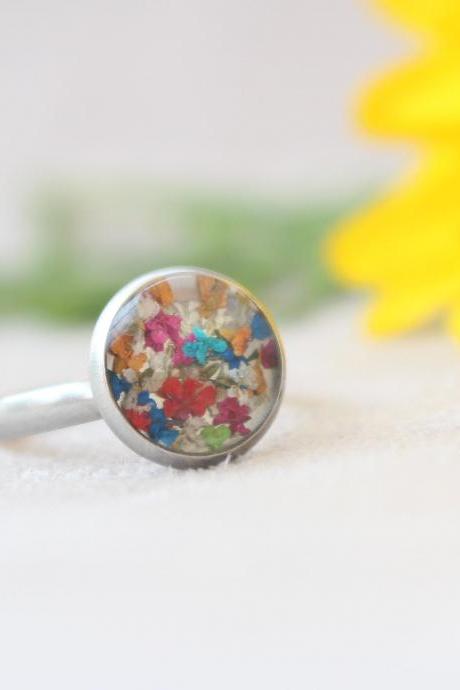 Rainbow Resin Ring, Pressed Flower Ring Colorful, Dried Flower Resin Ring, Summer Ring, Ring For Mom, Girlfriend Gift Ring, Armenian Gifts