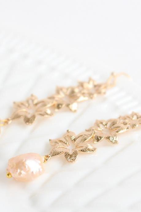 Gold Filled Earrings With Freshwater Pearl , Long Bridal Earrings, Wedding Earrings For Brides Pearl, Champagne Gold Earrings For Brides