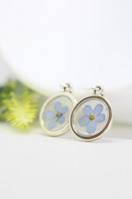 Pressed Flower Earrings, Real Forget Me Not Earrings, Forget Me Not Jewelry, Dried Flower Earrings Blue, Unique Earrings Minimalist Gifts