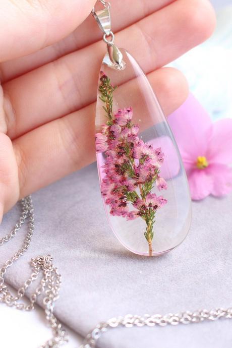 Heather Necklace - Real Flower Pendant, Necklace For Mother In Law, Real Flower Jewelry Purple, Dried Flower In Resin Necklace