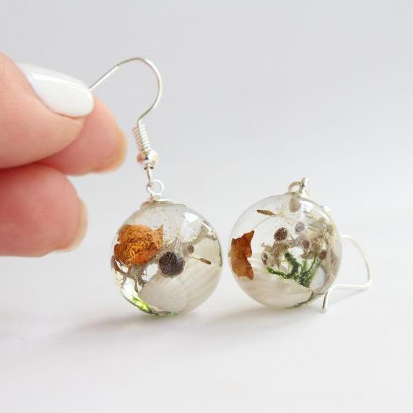 One of a kind earrings, living plant jewelry, resin lichen earrings, real moss earrings, resin sphere earrings, wildflower earrings for her
