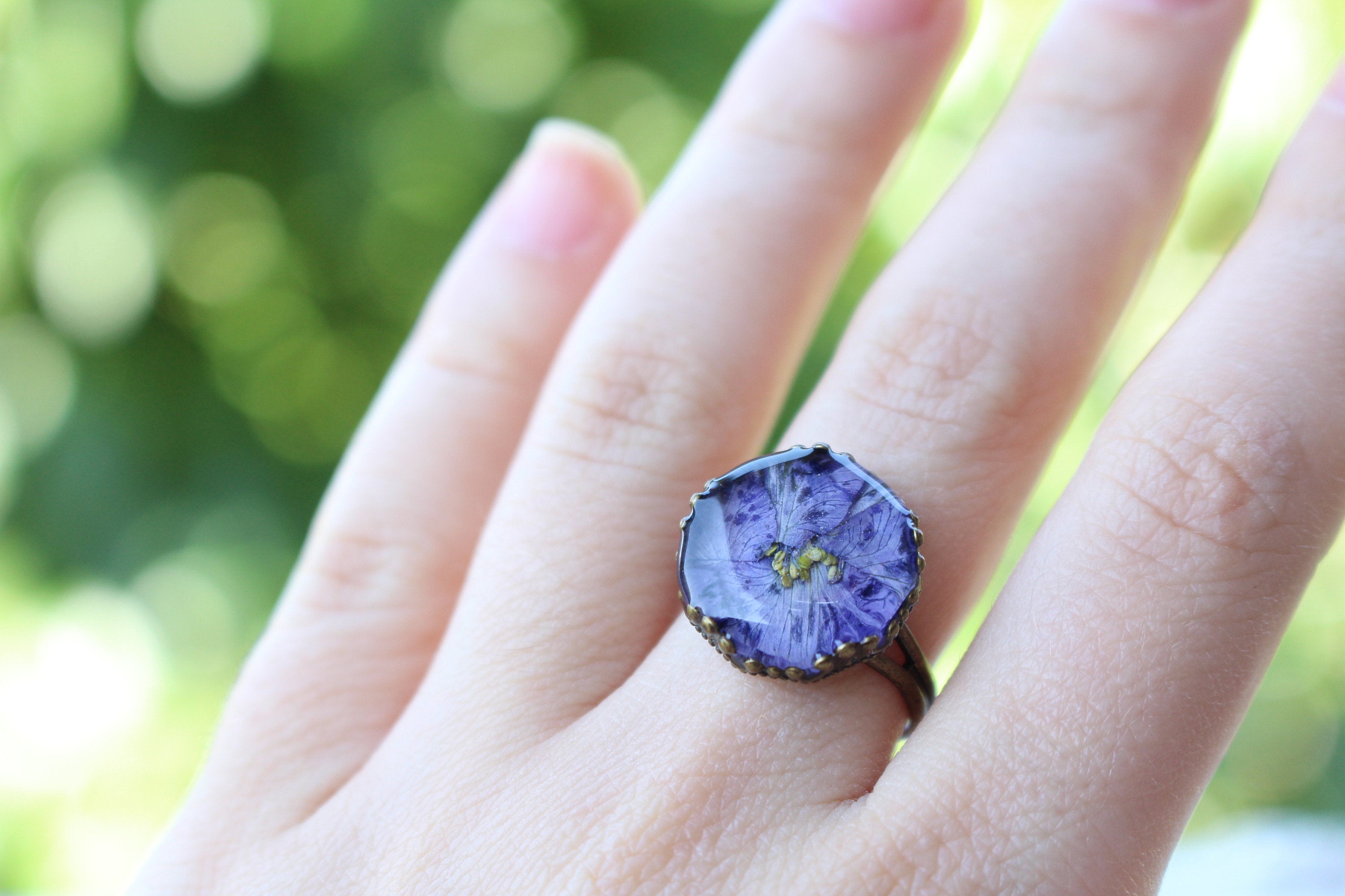 Violet Ring Antique Jewelry, Pressed Flower Ring Purple, Violet Resin