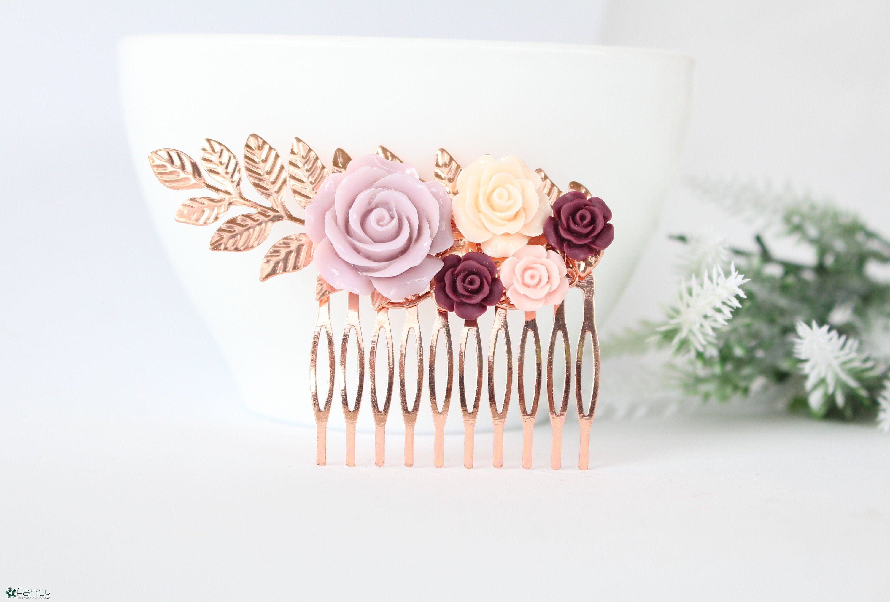 Wedding Hair Comb Floral, Bridal Rose Gold Hair Piece, Hair Combs For